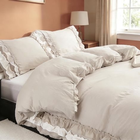 Housse de Couette Beige 140x200cm à Volants avec Taie d'oreiller 65x65cm Parure de Lit Feuille de Lotus Romantique pour Femme Fille en Microfibre Douce Avez Fermeture Éclair (1/5)