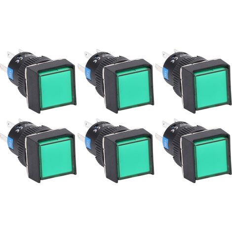 25 Stück quadratische Drucktaster aus ABS-Messing, 8-polig, selbstverriegelnd, mit Beleuchtung, 16 mm, 12 V, grün (1/5)