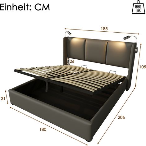 Lit rembourré 180x200 cm avec coffre de rangement et lampe LED, cadre de lit avec 2 ports de chargement USB et vérin hydraulique, lit double design en similicuir gris (1/4)