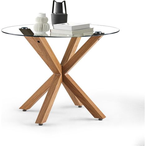 Dining Table,100cm Kitchen Table with Tempered Glass Top and Wooden Pattern Legs (1/5)