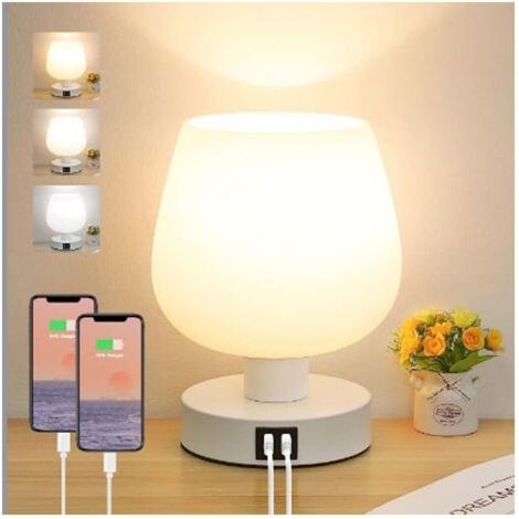 Lampe de Chevet Tactile, Lampe de Bureau avec Ports de Charge USB-A+C, Intensité Variable 3 Voies, Abat-jour en Verre Blanc, Petite Lampe de Table à Cordon pour Chambre Salon D'enfant (1/5)