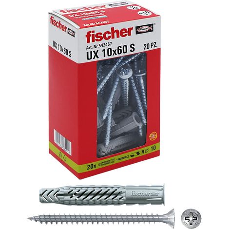 Fischer 20 Tasselli UX con vite, 10 x 60 mm, per Muro pieno, Mattone Forato, Cartongesso, 542457 (1/5)