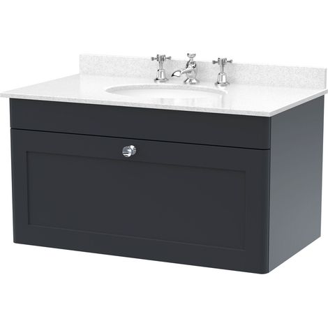 Swynnerton Traditional 1 Drawer Wall Hung Vanity Unit with Marble Basin, Dark Grey, 800mm