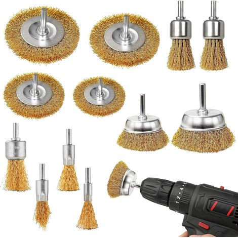 12 brosses métalliques pour perceuse et visseuse — brosse metallique pour perceuse, brosse perceuse, brosse visseuse, brosse laiton, brosse metallique meuleuse 1/4" pour enlever rouille et peinture (1/5)