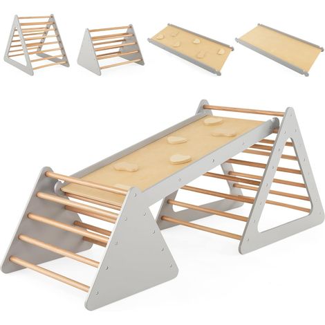 COSTWAY 3 en 1 Triángulo de Escalada con Rampa, Set de Escalada para Niños, 3 Piezas con 2 Escaleras Triangulares y 1 Rampa de Doble Cara, Juguetes Triangulares de Escalada (Gris)