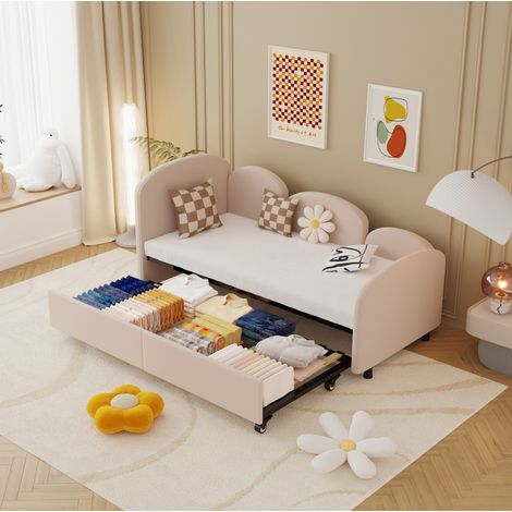 Lit banquette enfant fleur 90x200 cm avec tiroir, velours rose, structure en fer, bords de sécurité (1/5)