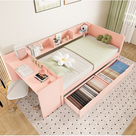 Letto singolo bambino 90x200 cm in legno rosa, salvaspazio per camera, senza materasso FloraGrace (1/5)