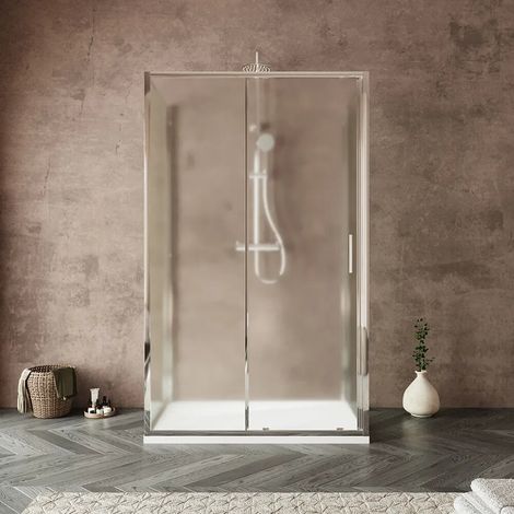 Cabine de douche à trois côtés 90 x 100 x 90 cm avec porte coulissante profilés chromés et verre anti calcaire mat de 6 mm h 190 Portofino (1/4)