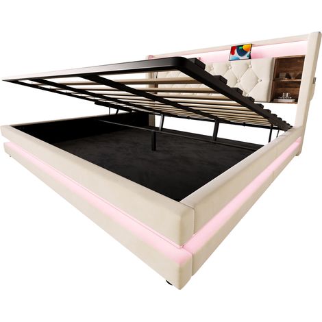 Cama canapé abatible 180 x 200 cm de terciopelo beige con cabecero multifunción, LED, USB y Type-C (1/5)