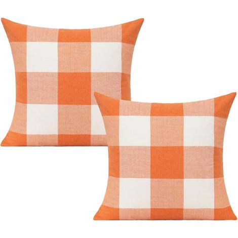 Set mit 2 Kissenbezügen im Büffelkaromuster, quadratische Kissenbezüge im Landhausstil für Halloween, Heimdekoration, Orange, 45,7 x 45,7 cm