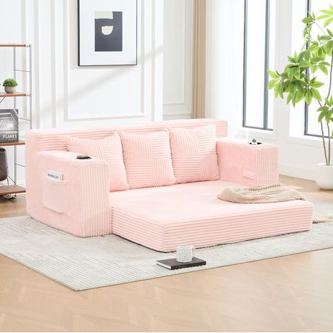 Canapé convertible 2 places en coton et de lin avec porte-gobelets et poches latérales, velours côtelé rose, 172x87x64 cm (1/5)