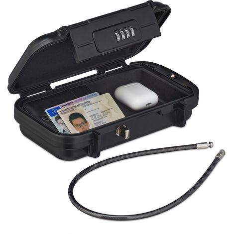Relaxdays Sicherheitsbox mit Zahlenschloss, tragbar, Sicherungskabel, Autosafe, wasserdicht, HBT: 5,5x24x15 cm, schwarz