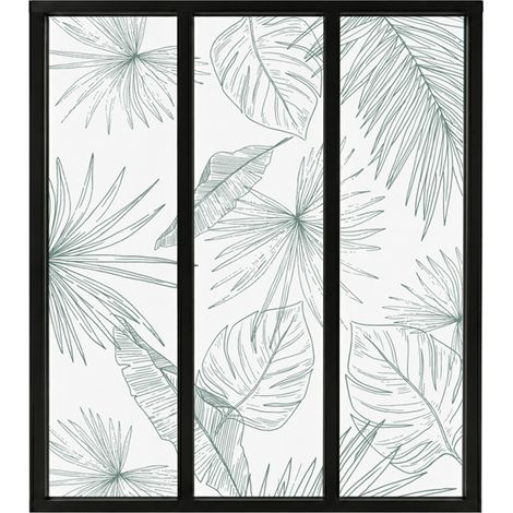 Verrière atelier intérieure aluminium noir 3 vitrages 102 x 117 cm - Décor végétal - Lamnar Vert - vert et transparent - Verre trempé (1/5)