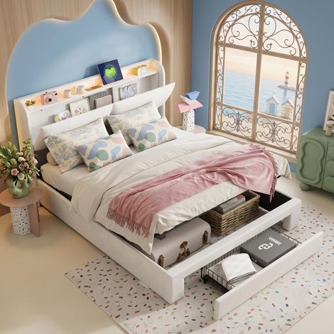 Lit Coffre Double 160x200 cm Velours Beige, avec LED et Prises USB, 1 tiroir de rangement, Tête de Lit avec Rangement Scandinave (1/5)