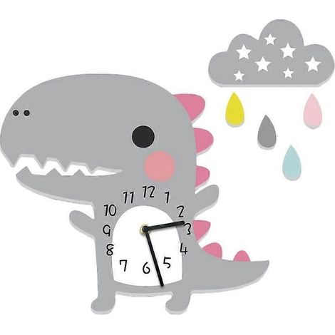 Horloge murale enfant dinosaure avec nuages, horloge silencieuse, horloge murale garçon grise (1/4)