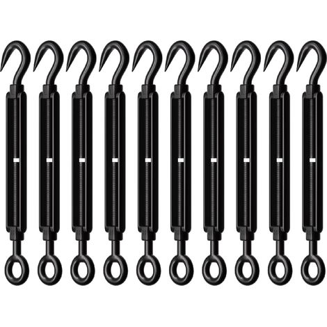 Lot de 10 tendeurs à crochet et œillet M4 en acier inoxydable noir, tendeur de câble métallique, kit de matériel réglable pour guirlande lumineuse et suspension de photos, voile d'ombrage (1/5)