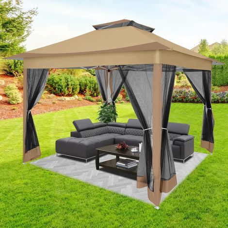 Tente pliable 3.6x3.6m avec protection UV 50+ – Tissu Oxford 420D imperméable – Double toit ventilé – Sac de transport inclus – Brun