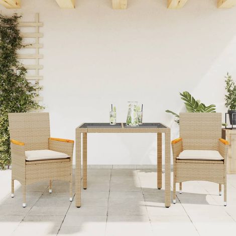 vidaXL 3-tlg. Garten-Essgruppe mit Kissen Beige Poly Rattan und Glas (1/5)