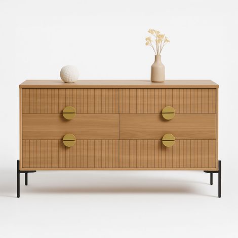 Cómoda con 6 cajones y superficie de madera estriada, 124 cm VALLO