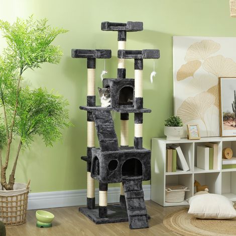 Albero per gatti XXL grigio 173 cm con 3 piattaforme, 2 nicchie e 2 scale HAVRYA (1/4)