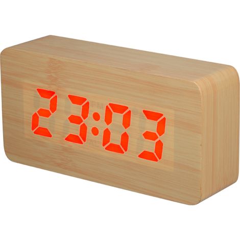 Reloj despertador digital LED RGB, 115 colores, muestra la hora, la temperatura y la fecha, brillo ajustable, control por voz, función de repetición de alarma, 2 puertos USB (madera natural) (1/5)