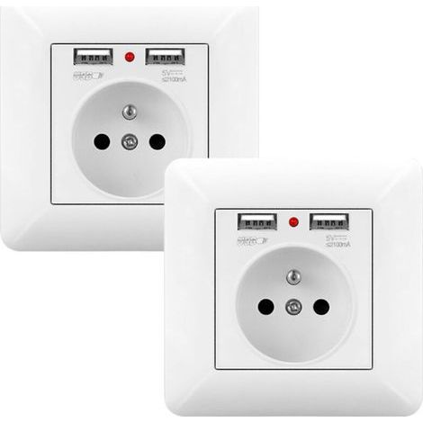 Lot de 2 Prise Murale 16A 240V avec Double USB et LED – Prise Électrique Encastrable Norme Française Blanc (1/5)