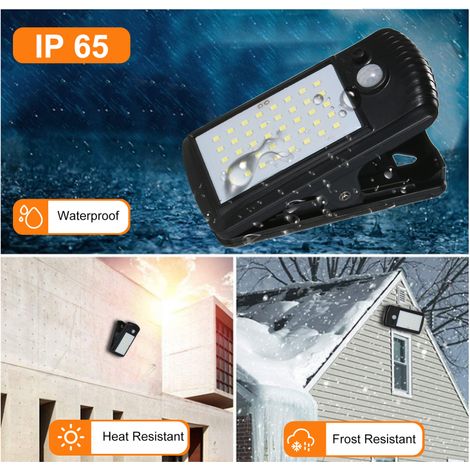 Lampe solaire extérieure à pince avec détecteur de mouvement, 40 LED, étanche IP65, pour clôture, terrasse, mur, garage ou patio. (1/5)