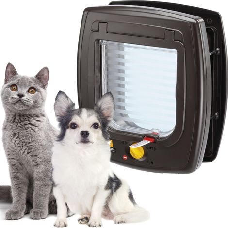 Porte Chats et Petits Chiens, Chatiere, Entrée et Sortie Contrôlables à 4 Voies, Proctection contre les Courants d'air, Indicateur de Dernier Passage, Chatiere pour Chat Chien, Marron (1/5)