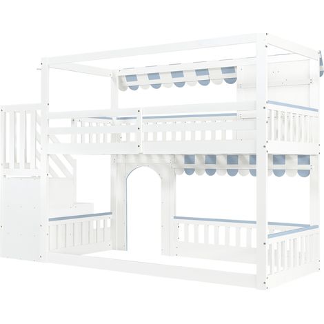 Litera infantil 90x200 cm con escalera de almacenaje, blanco y azul, pino, MDF y contrachapado (1/5)