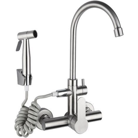 Multifunctional wall-mounted kitchen faucet, stainless steel, integrated spray, double hole (1/5)