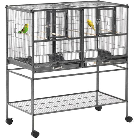 Gabbia per uccelli con divisorio, mangiatoia e posatoio, 95L x 45,5W x 102H cm, Nero e Grigio