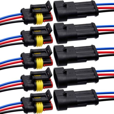 Connecteur électrique à 3 broches, 5 bornes mâles + 5 bornes femelles, câble 16 AWG - 10 cm. Convient aux voitures et aux camions.