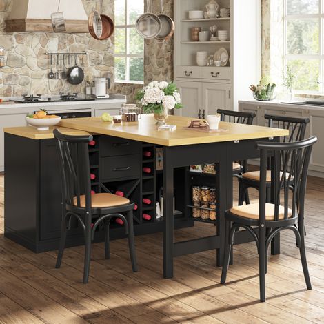 Isla de cocina giratoria 120-223 cm con almacenamiento, 2 cajones, soporte para basura, MDF y metal - negro (1/5)