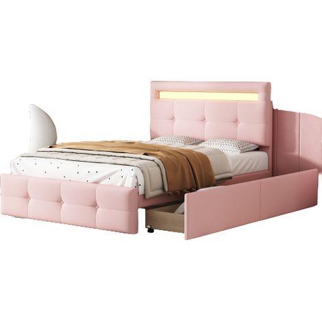 Lit simple rembourré d'adolescent, lit d'appoint 90 x 200 cm avec LED, 2 tiroirs, revêtement en lin , rose (1/5)