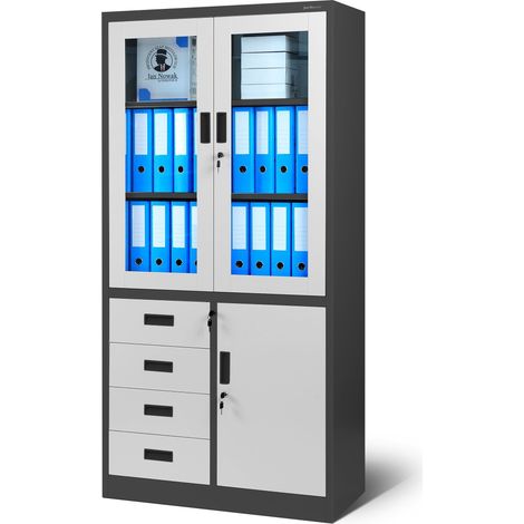 Aktenschrank C042 Büroschrank Metallschrank Flügeltüren Schubladen Pulverbeschichtung Stahlblech 185 cm x 90 cm x 40 cm (H x B x T) (anthrazit/weiß) (1/4)