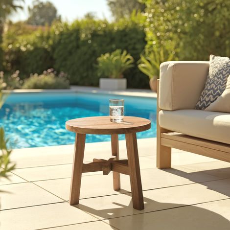 KALLY - Table d'appoint ronde en bois de teck recyclé naturel D47cm (1/5)