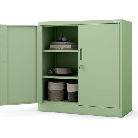 Kleiner Aktenschrank C001B Aufbewahrungsschrank Büroschrank mit Flügeltüren Metallschrank Pulverbeschichtet Stahlblech Abschließbar 92,5 cm x 90 cm x 40 cm (H x B x T) (Pastellgrün) (1/5)