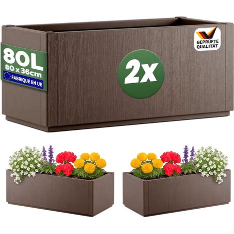 Casaria – Jardinière 80L en polypropylène recyclé – Résistante aux intempéries et aux UV – Fond de drainage intégré – Dimensions 80x36x36cm – Lot de 2