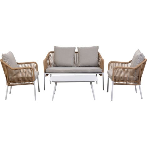 Mesa, sofa y 2 sillones beige, 110x65x45,72x79x76, 146x79x76 (1/5)