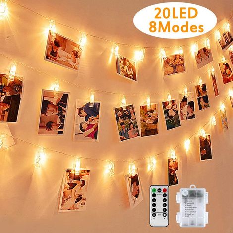 Guirlande lumineuse LED réutilisable de 2,2 mètres - 8 modes d'éclairage, 20 pinces à photos, alimentation USB/piles, éclairage d'ambiance, décoration pour salon, Noël, mariages, fêtes (1/5)