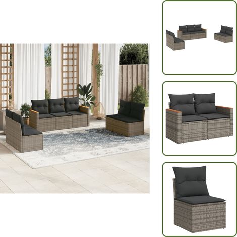 7-tlg. Garten-Sofagarnitur mit Kissen Grau Poly Rattan - Gartensortiment - Gartengeräte - Lounge Set - Outdoor Möblierung - Gartenmöbelset (1/5)