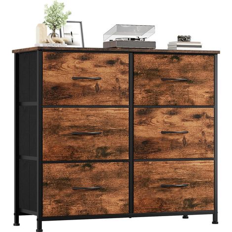 Kommode mit 6 Stoffschubladen, Holzoptik, 80x30x71.5 cm (1/5)