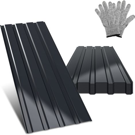 Jiubiaz 12 plaques de toiture profilées 129 x 46 cm, anthracite, pour abri de jardin, carport et remise, avec gants anti-coupure (1/5)