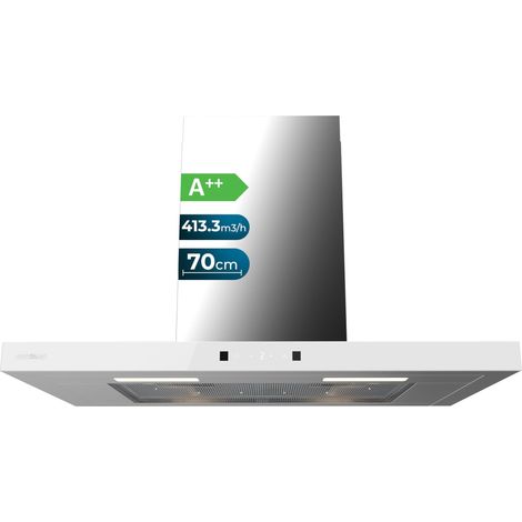 Hotte pyramidale Bolero Flux PM 906500 Inox A de 90 cm de large, finition inox, aspiration 650 m3/h, Moteur 165 W, Classe A, commande mécanique, 3 niveaux de puissance, lumière et filtre à charbon.