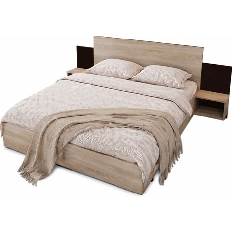 CHICFURN lit double avec chevets intégrés en bois massif chêne Sonoma et gris foncé 160 par 200 cm (1/5)