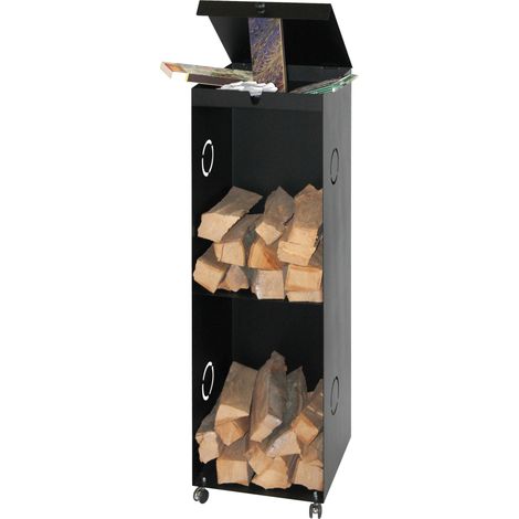 Étagère à bûches en métal noir – Compartiment de rangement – Roulettes pour déplacement facile – Hauteur 126 cm, largeur 39 cm, profondeur 39 cm – Lienbacher