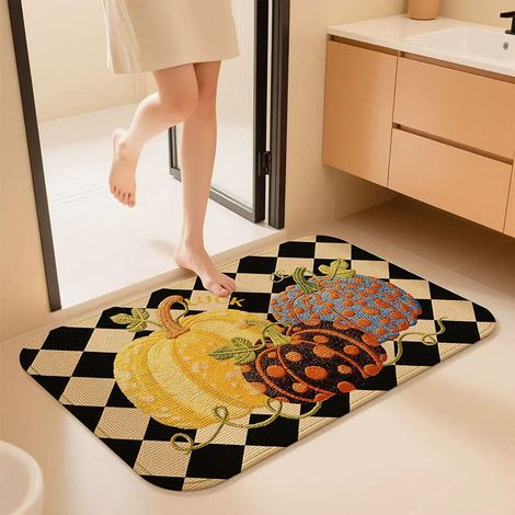 Rutschfester Badteppich aus Kieselgur – Saugfähig, schmutz- und verschleißfest – Retro schwarz-weißes Kürbismuster mit Karo-Design – Für Badezimmer und Innenräume – Rechteckiges Format 50 x 80 cm-lsw