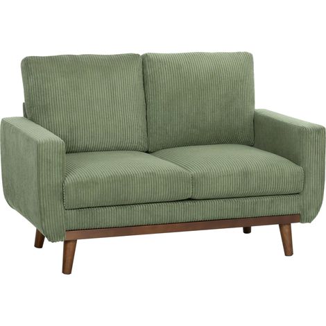 Canapé 2 places, 134 cm, en velours côtelé, ressorts ensachés, dossier épais, accent de lattes en bois, vert