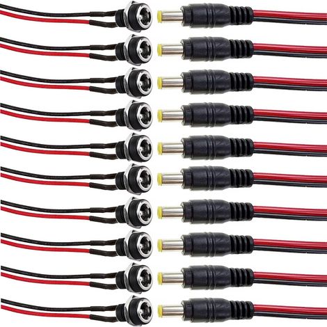 10 Paires 5,5mm x 2,1mm DC d'alimentation Connecteur, 12V 2 broches 5,5 X 2,1 mm Connecteur Mâle et Femelle,DC Pigtail Cable pour Vidéo Surveiller CCTV Caméra(22AWG 12V 2A