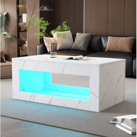 Tavolino da caffè LED lucido con vano a giorno 100,5 x 50,5 x 50 cm effetto marmo bianco (1/5)